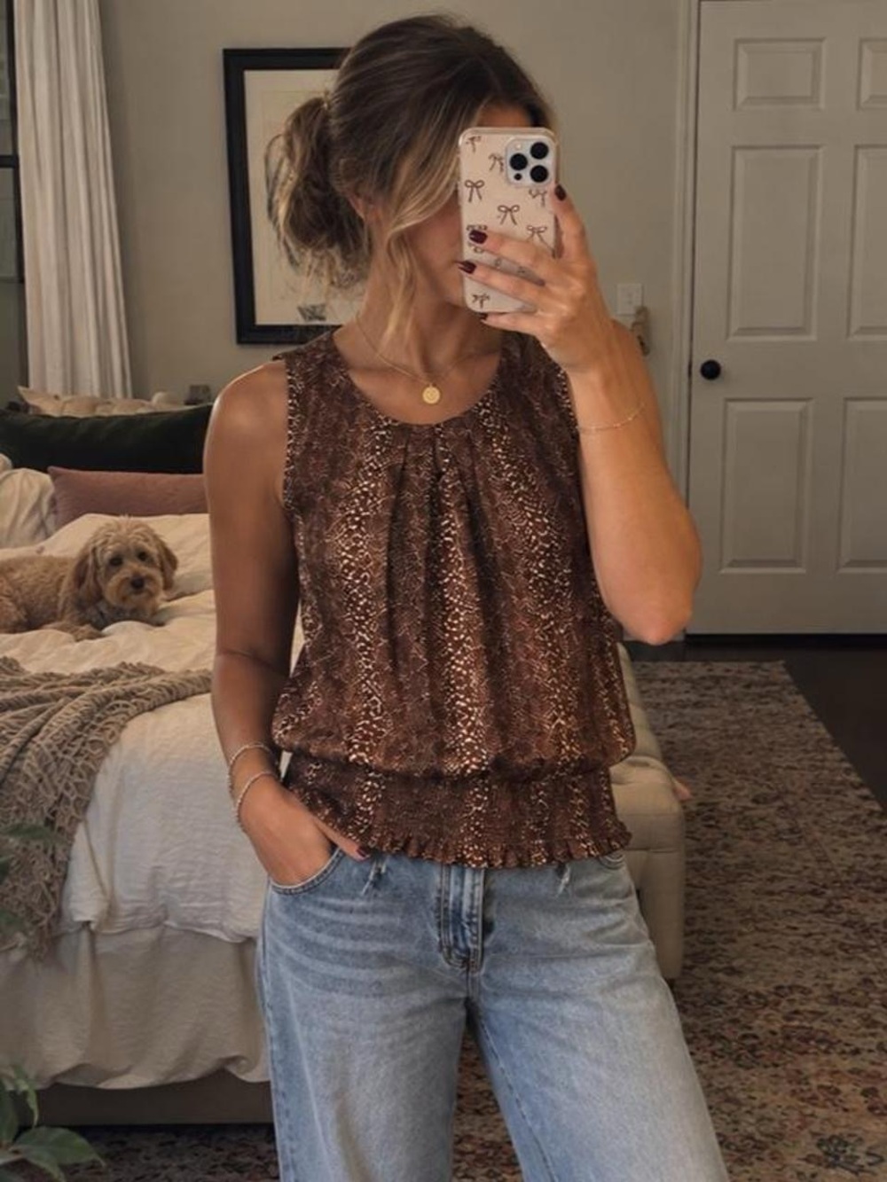 Veronica M Brown Snake-Print Sleeveless Smocked Hem Camisole